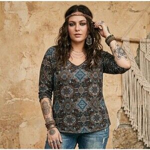 Vintage Y2K Faded Glory Paisley Bell Sleeve Top Plus 4X Brown Boho Grunge